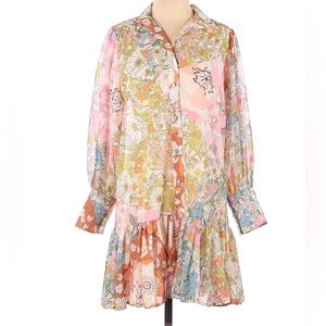 Pink Ripple Retro Floral Longsleeve Shift Dress